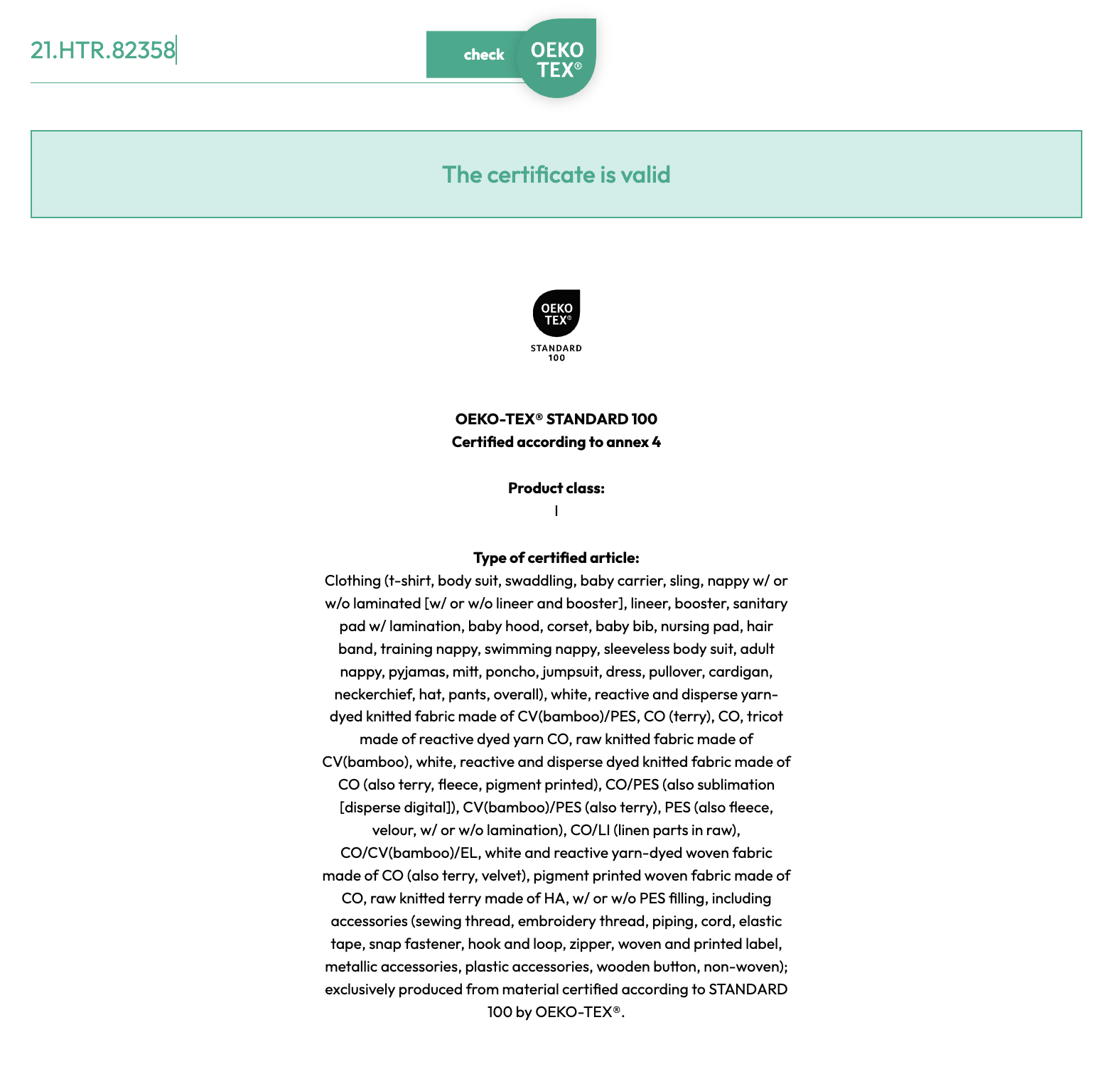 Certificat Oeko Tex de notre fournisseur